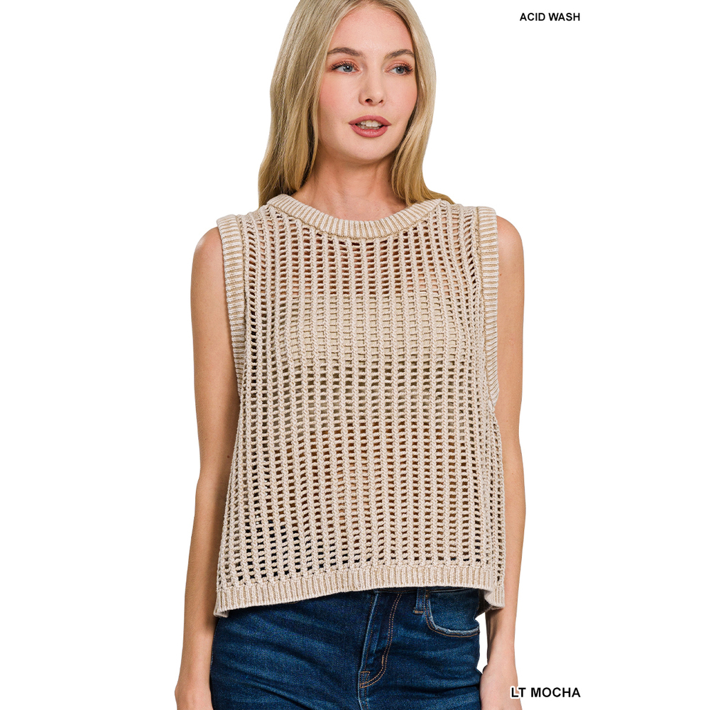 Z4 MOCHA Zenana Acid Washed Fishnet Sweater Vest Various Sizes